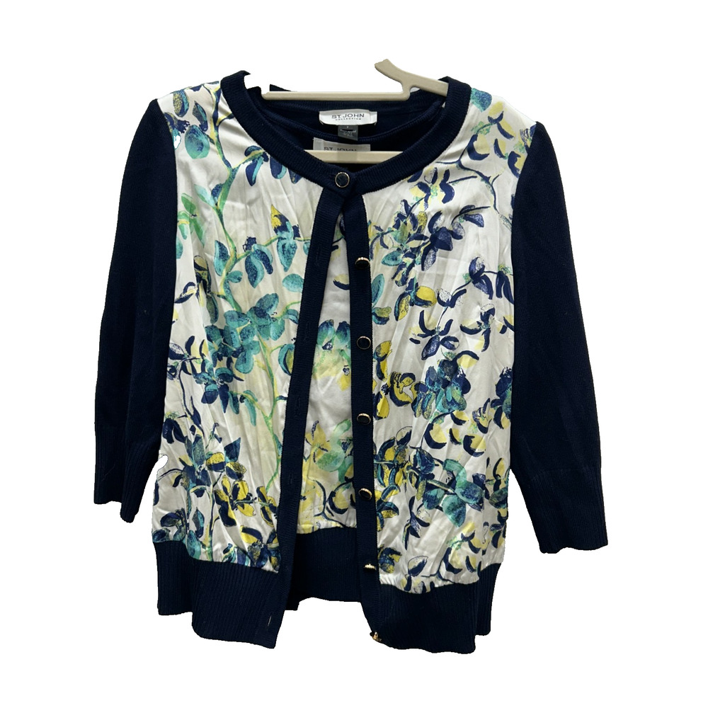St. John Womens‎ Floral Knit Cardigan Sleeveless Top Set Navy Wool Silk Size P